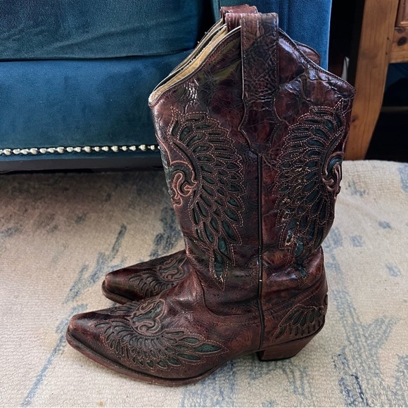 CORRAL Chestnut Turquoise Wing Fleur de Lis Snip Toe Cowgirl Boots Size 9.5 - Picture 4 of 13